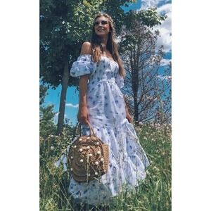 LoveShackFancy Target Floral Smocked Puff Sleeve Tiered Midi Dress White Blue S
